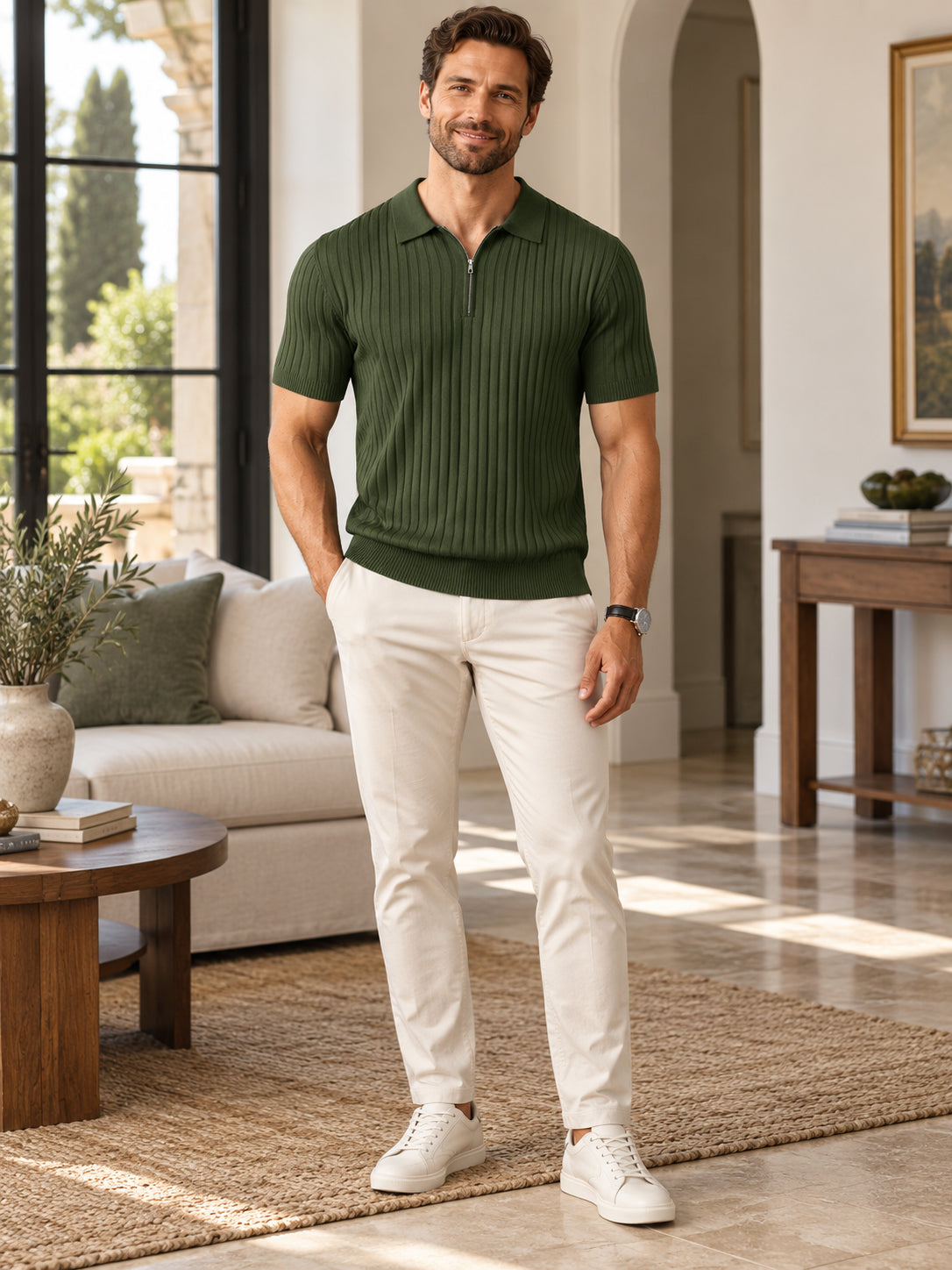 Men's Zip Ribbed Knit Polo Shirt