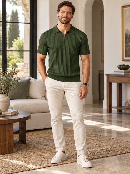 Men's Zip Ribbed Knit Polo Shirt