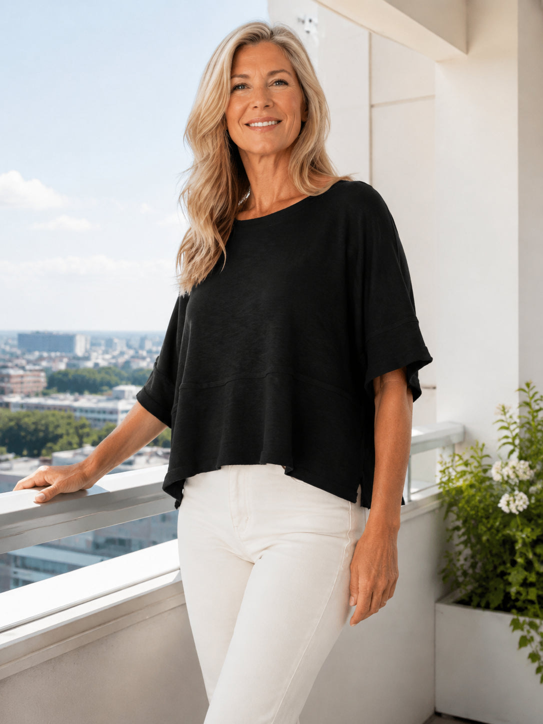Women's Loose Batwing Sleeve Crewneck Cotton Blouse Tops
