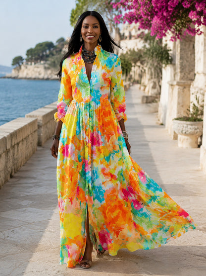 Women's Long Sleeve Printed Maxi Shirt Dress