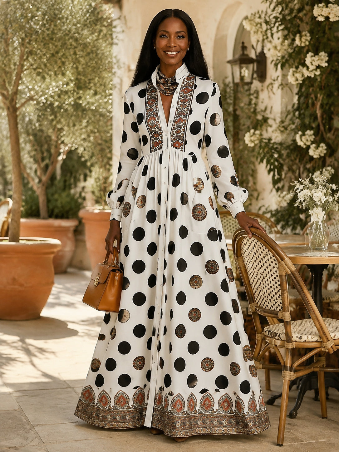 Women's Long Sleeve Printed Maxi Shirt Dress