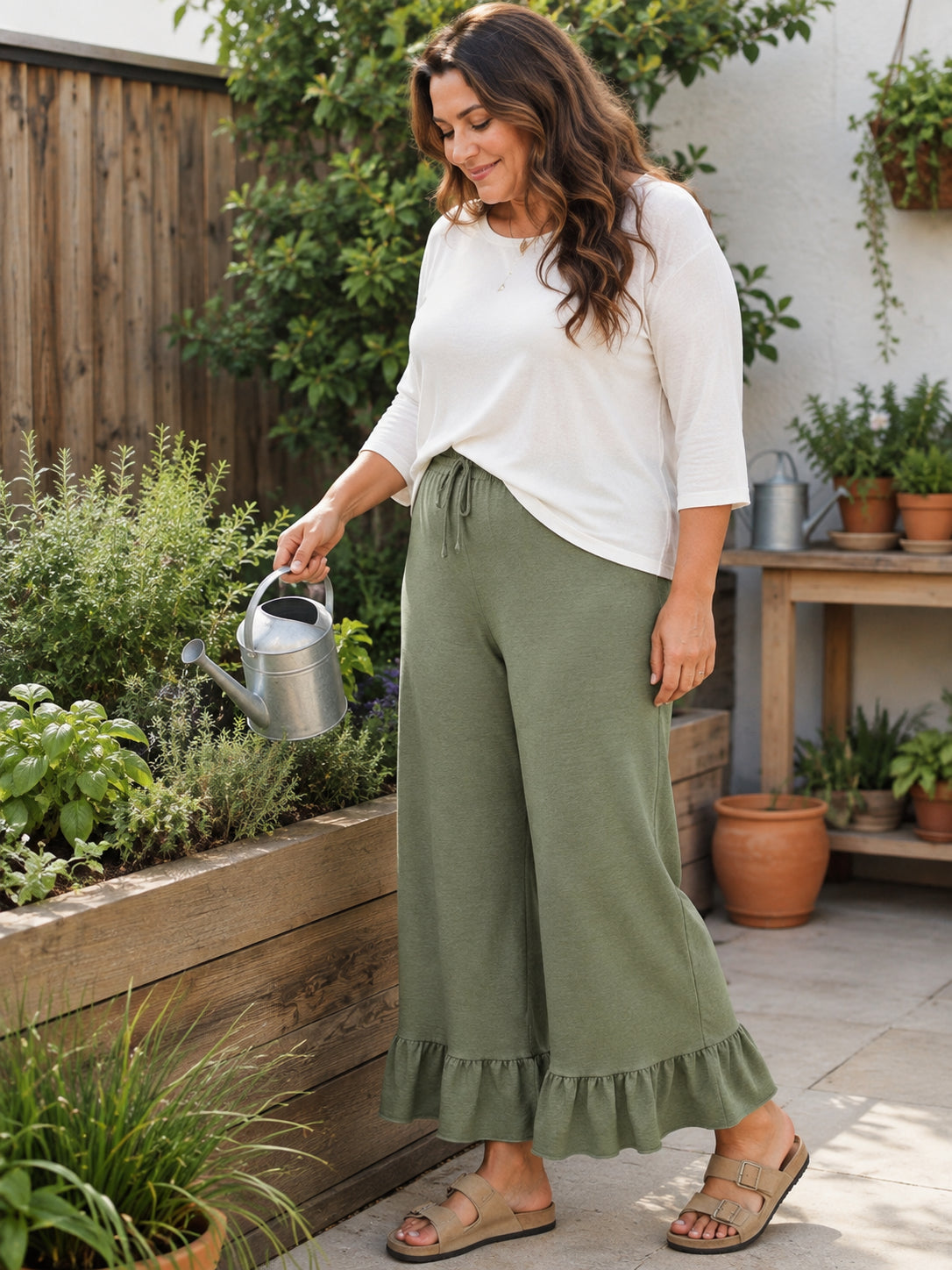 Women's High Waisted Ruffle Hem Wide Leg Lounge Pants