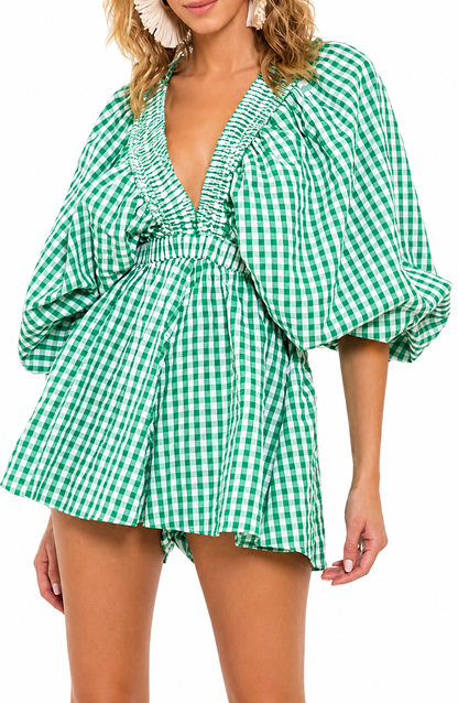 🌈Colorful Puff Sleeve Romper – Effortless Vacation Style in One Piece