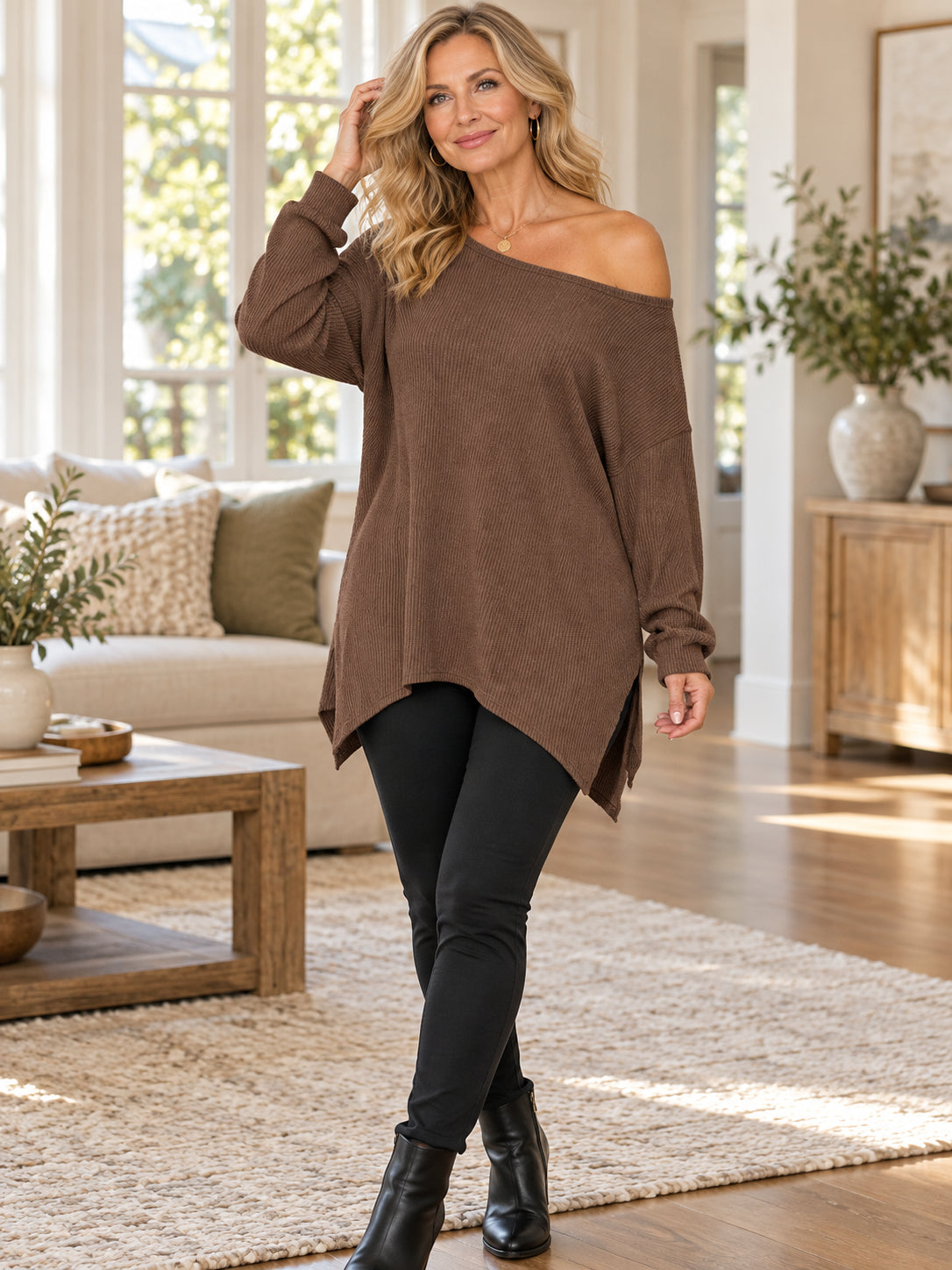 Women’s Relaxed Off-Shoulder Asymmetric Tunic Top