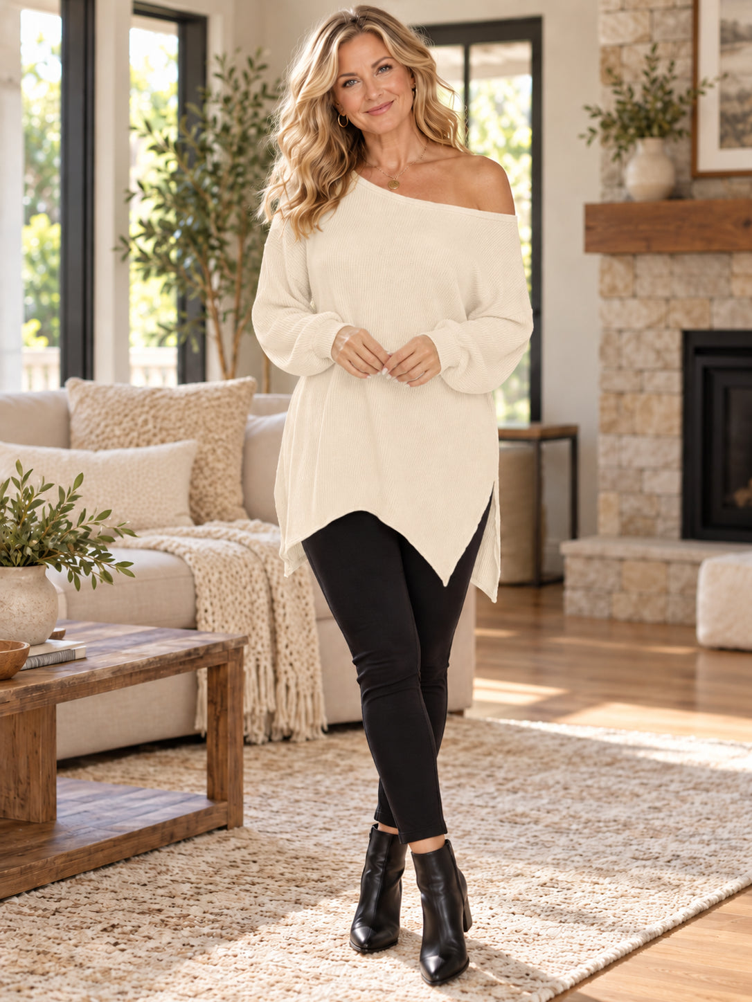 Women’s Relaxed Off-Shoulder Asymmetric Tunic Top