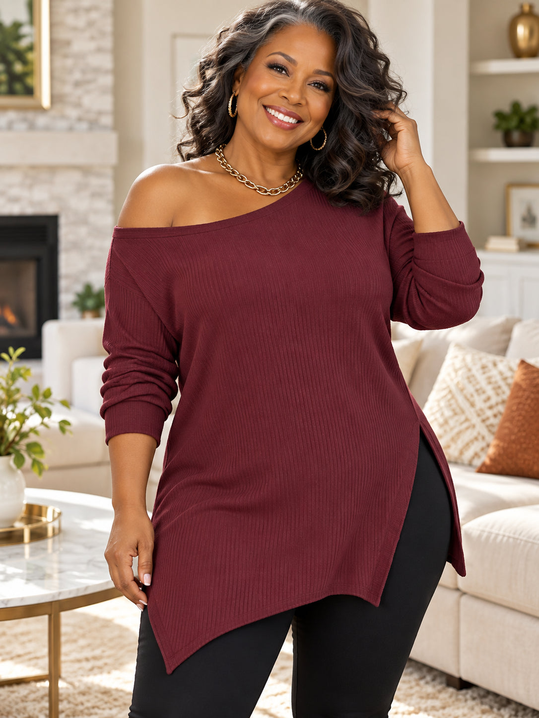 Women’s Relaxed Off-Shoulder Asymmetric Tunic Top