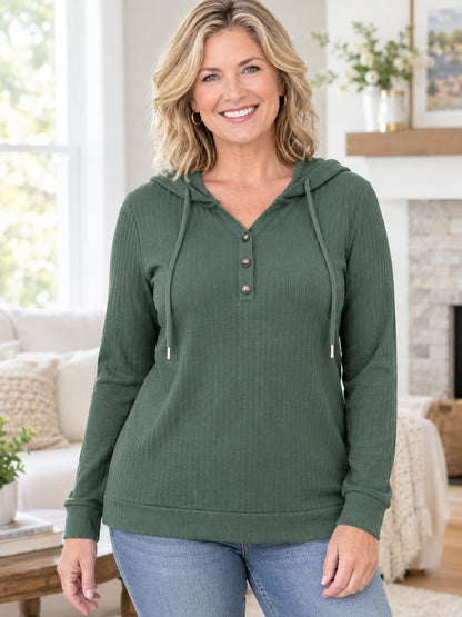 Women's Cozy Ribbed V-Neck Hooded Tunic