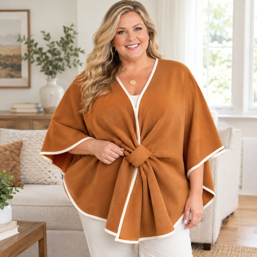 Women's Elegant Contrast Trim Draped Shawl Cape