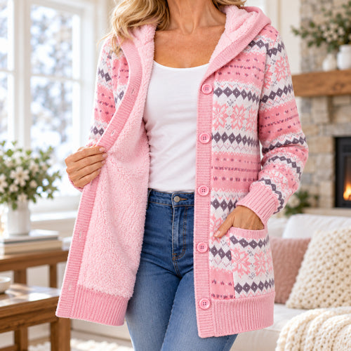 Women’s Plush-Lined Hooded Patterned Cardigan