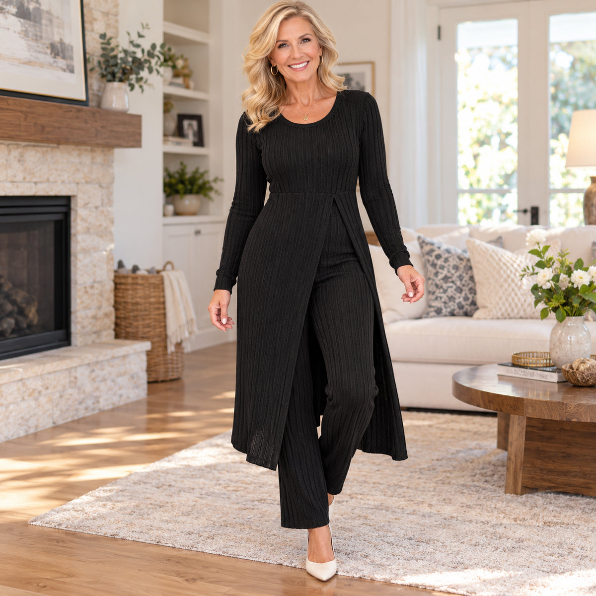 Women's Elegant Ribbed Knit Tunic & Wide-Leg Pants Set