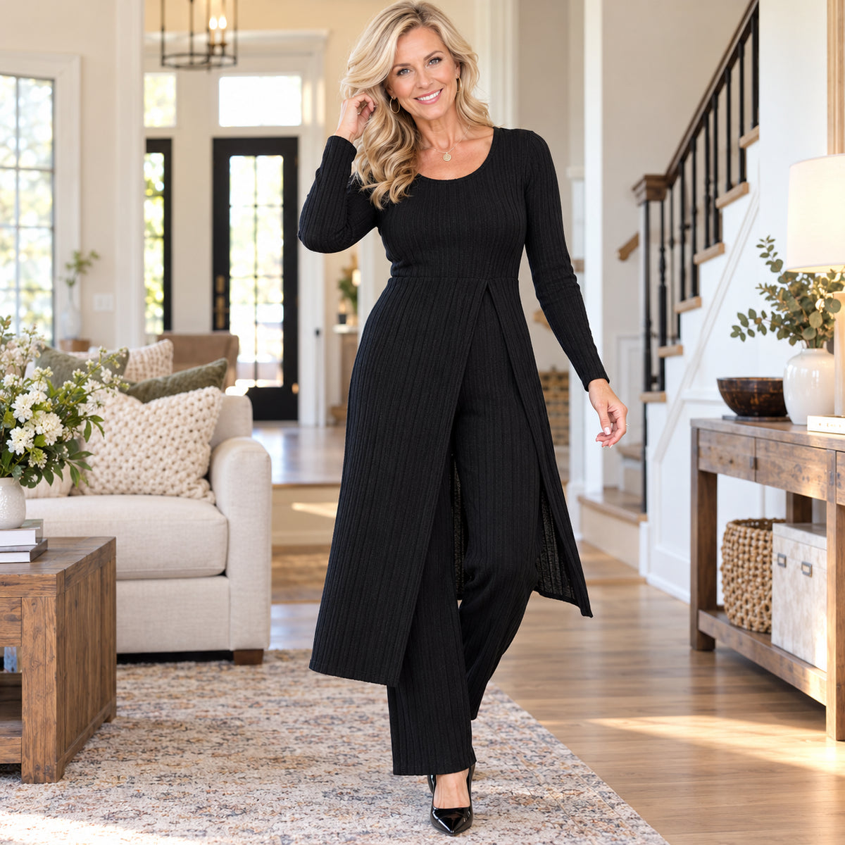 Women's Elegant Ribbed Knit Tunic & Wide-Leg Pants Set