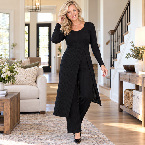 Women's Elegant Ribbed Knit Tunic & Wide-Leg Pants Set
