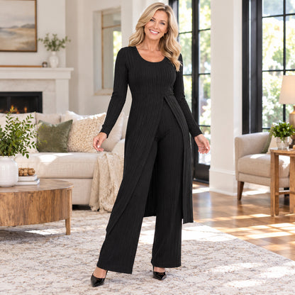 Women's Elegant Ribbed Knit Tunic & Wide-Leg Pants Set