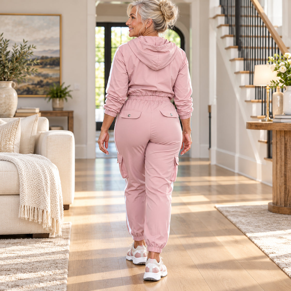 Women's Contrast Stripe Half-Zip Cargo Jogger Set
