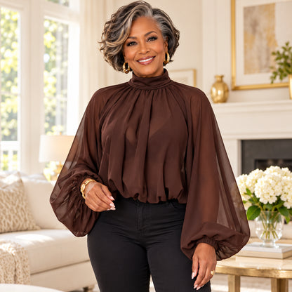 Women's Elegant Mock Neck Lantern Sleeve Blouse