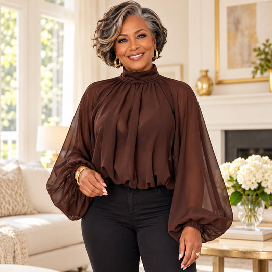 Women's Elegant Mock Neck Lantern Sleeve Blouse