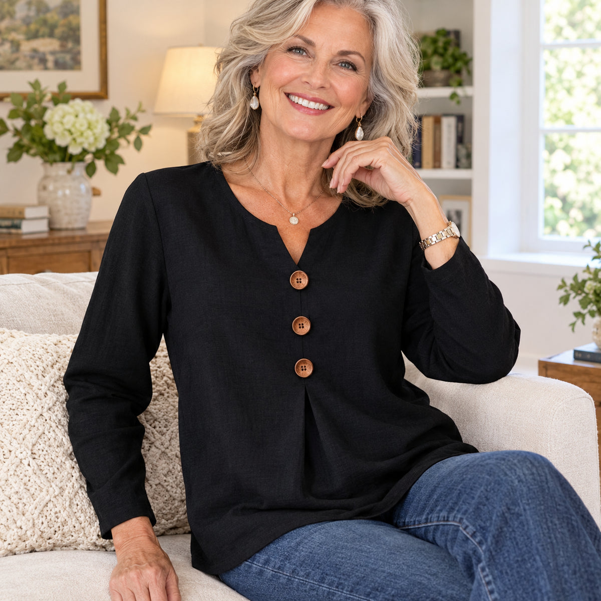 Women's Casual Button-Detail Long-Sleeve Blouse