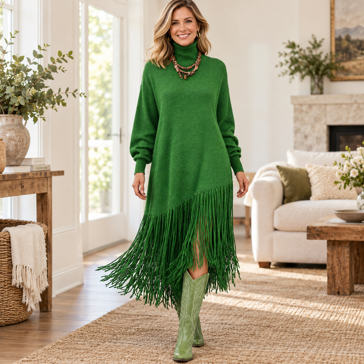 Women's Elegant Turtleneck Fringe Knit Midi Dress