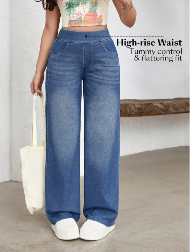 Plus Size High-Waist Tummy Control Stretch Wide-Leg Jeans