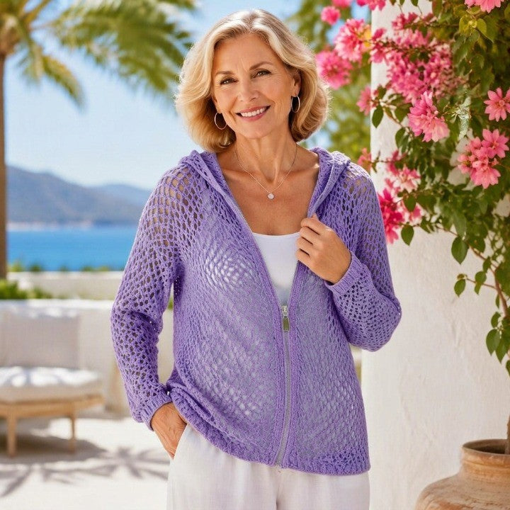 Women's Crochet Zip-Up Hooded Cover-Up