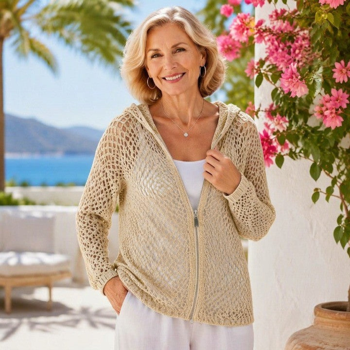 Women's Crochet Zip-Up Hooded Cover-Up