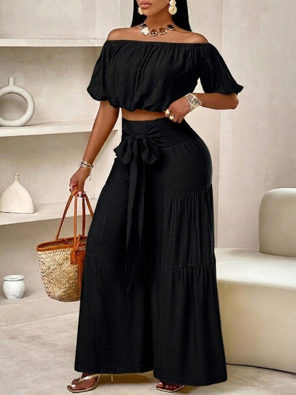🌴 Summer Beach Vacation Bow Shoulderless Top & Wide-Leg Pants Set
