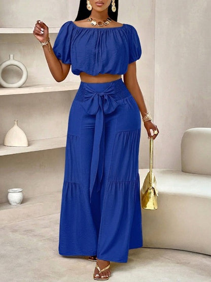 🌴 Summer Beach Vacation Bow Shoulderless Top & Wide-Leg Pants Set