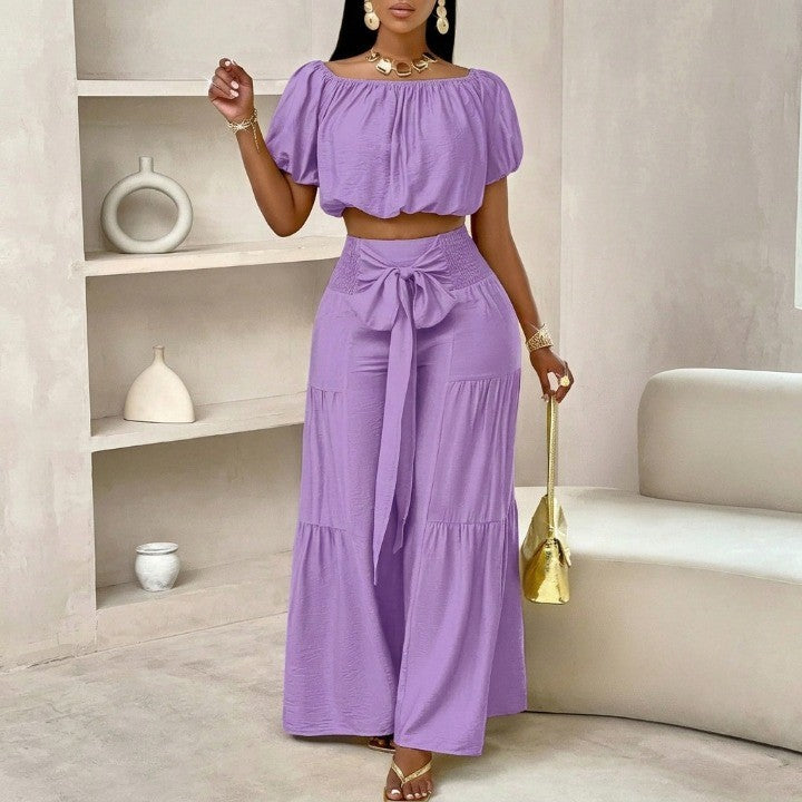 🌴 Summer Beach Vacation Bow Shoulderless Top & Wide-Leg Pants Set
