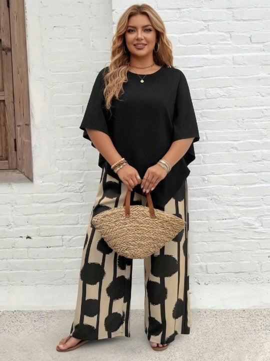 💃 Plus Size Vacation Casual Shirt & Print Pants Set