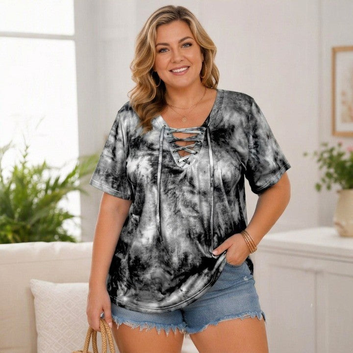 Women's Plus Size Lace-Up V-Neck Tie-Dye T-Shirt