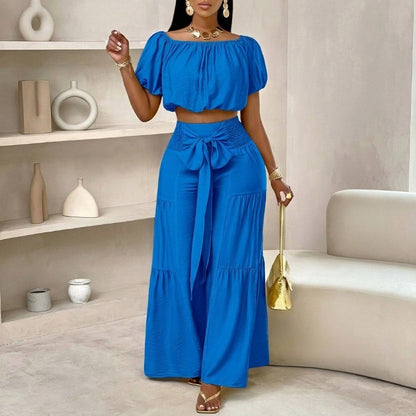 🌴 Summer Beach Vacation Bow Shoulderless Top & Wide-Leg Pants Set