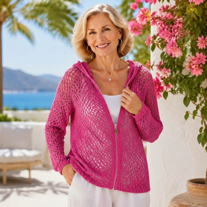 Women's Crochet Zip-Up Hooded Cover-Up