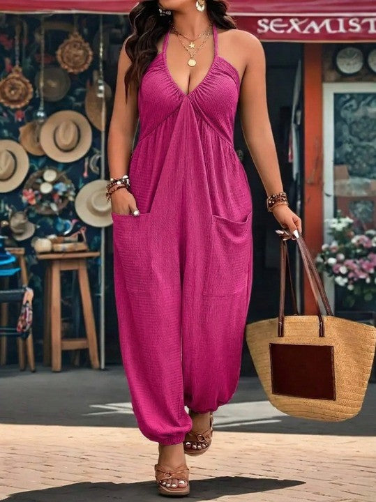 🖤 Solid Pocket Open Back Jumpsuit