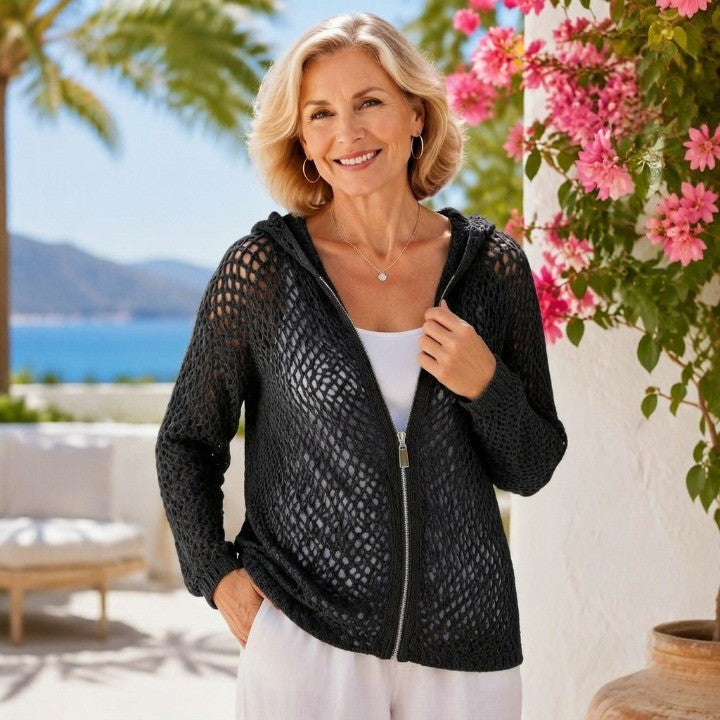 Women's Crochet Zip-Up Hooded Cover-Up