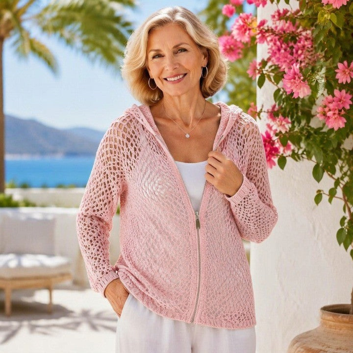 Women's Crochet Zip-Up Hooded Cover-Up