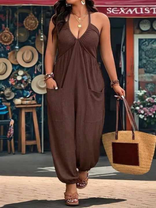 🖤 Solid Pocket Open Back Jumpsuit