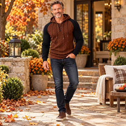 Men’s Textured Cable-Knit Lace-Up Hooded Pullover
