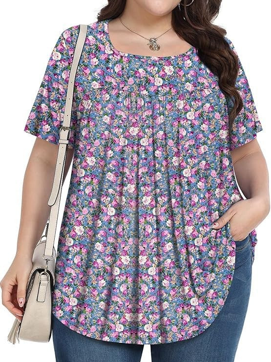 Women's Plus Size Floral Square Neck Pleated Tunic