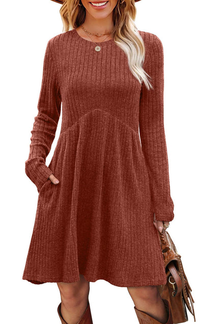 Women's Long Sleeve Ribbed A-Line Dress with Pockets