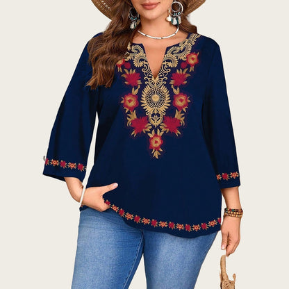 Elegant Plus Size Floral Print V-Neck Tunic Top