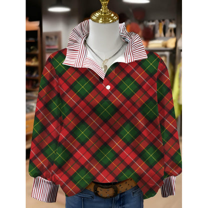 Retro Paisley Print Striped Collar Three Quater Sleeve Blouse