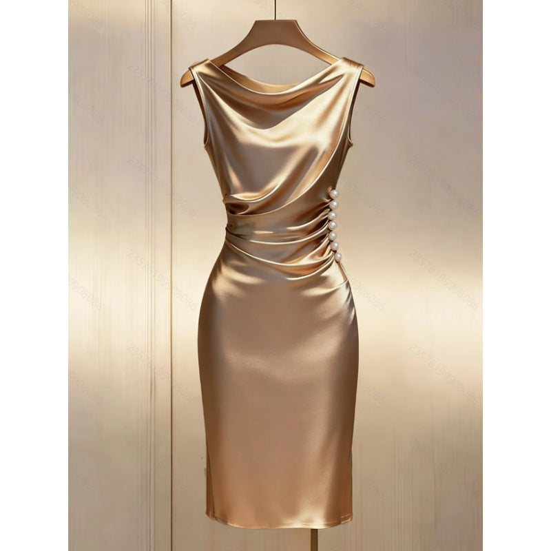 👗 Summer Knit Satin Halter Midi Dress