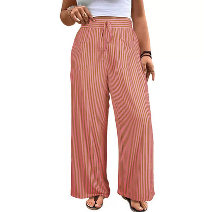 Women's Plus Size Vertical Striped High Waist Drawstring Wide Leg Pants