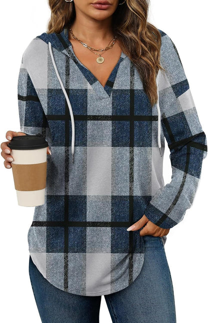 Women's Plaid V-Neck Long Sleeve Hooded Top