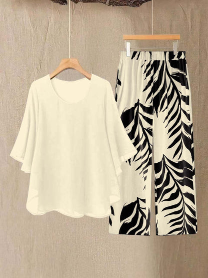 Plus Size Elegant Chiffon Top & Botanical Wide-Leg Pants Set