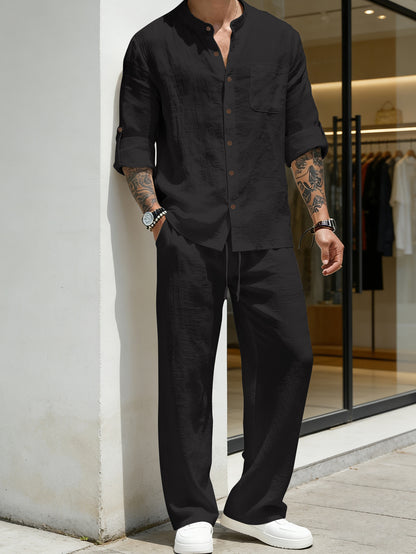 🔥Men's Linen Stand Collar Long Sleeve Button Shirt & Straight Leg Pants Set