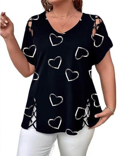 Women's Plus Size Heart Print V-Neck Top