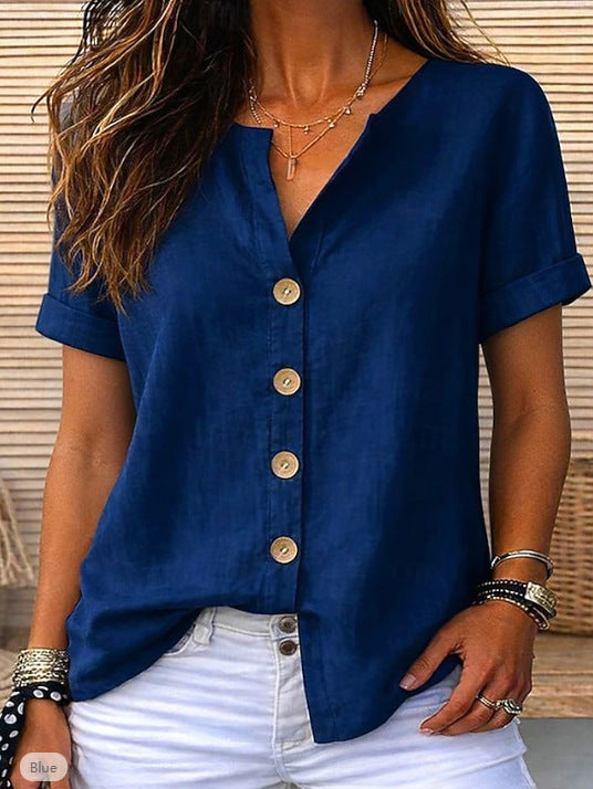 Breathable Cotton Linen V-Neck Top