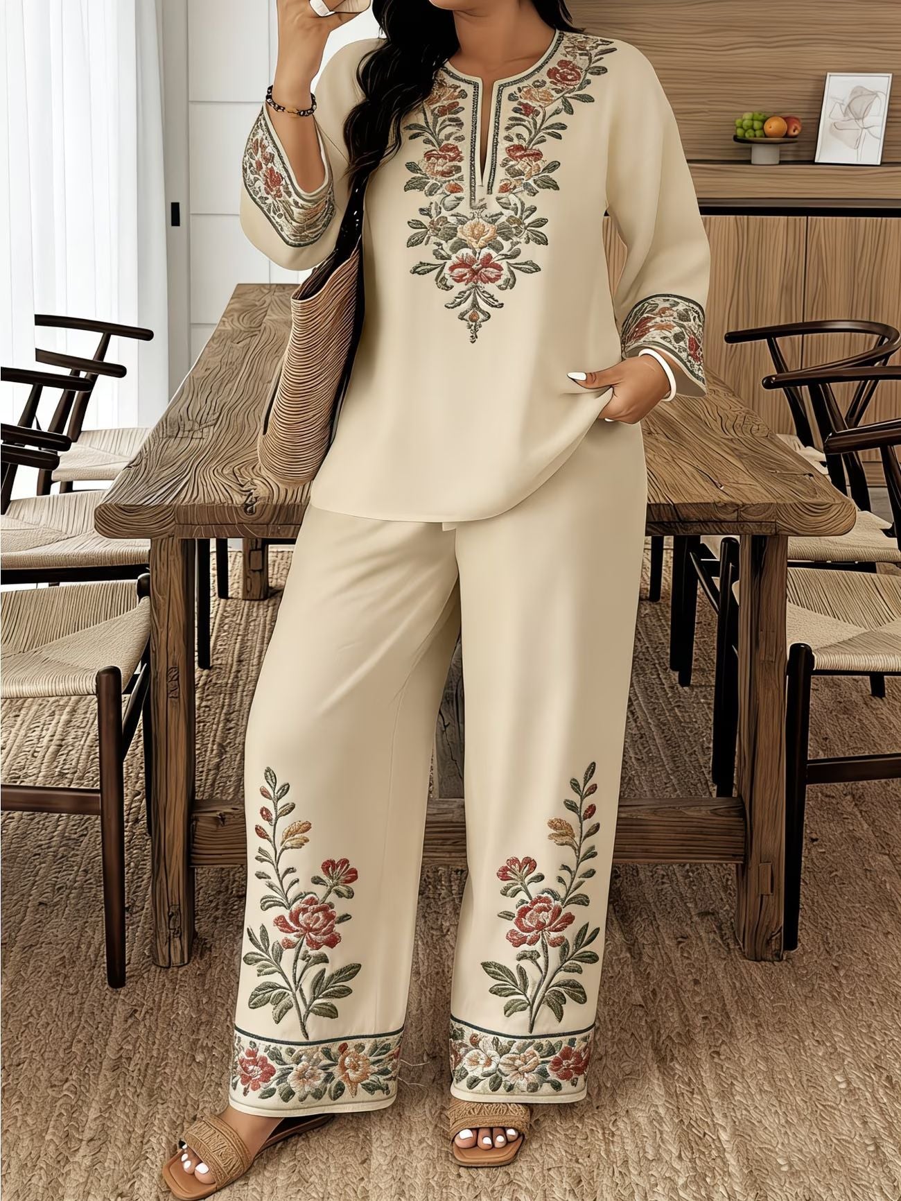 Boho Artisanal Embroidered Linen V-Neck Tunic Top & Wide Leg Pants