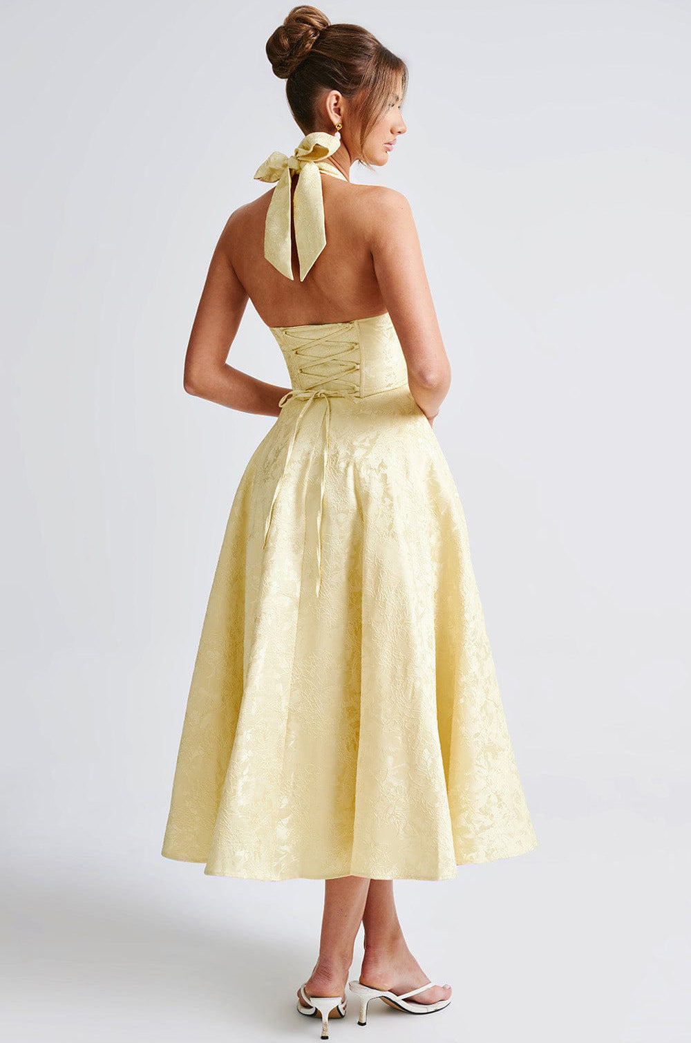 Floral Jacquard Halter Maxi Dress – Lace-Up Wedding Guest Dress